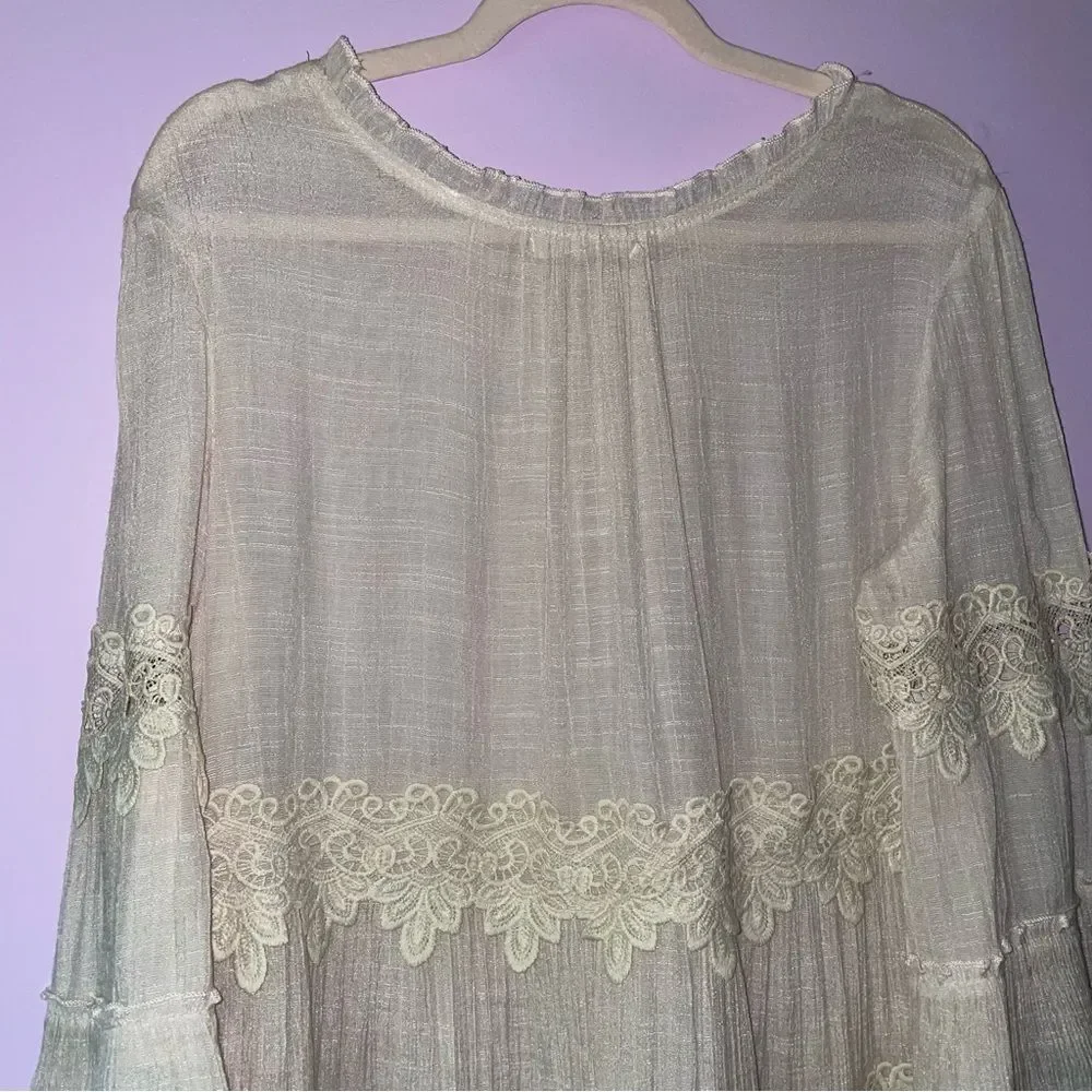 Indigo Soul M Blouse Tiered Gauzy High Neck Flounce Tan Cream